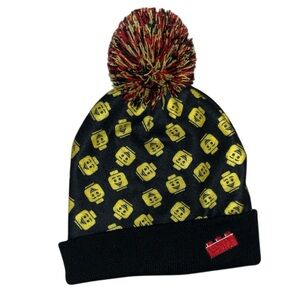 Lego Beanie Pom Pom hat with black and yellow Lego head design